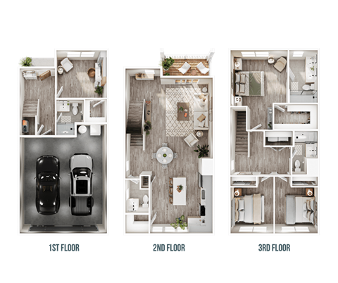 Floor plan of Eureka with 3 stories, garage, 4 bedrooms, kitchen, living area, dining room, and 3 and a half bathrooms